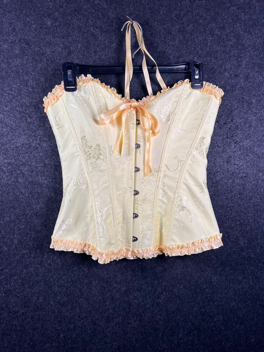 SZIVYSHI Yellow Floral Brocade Corset Top Lace Up Ruffle Trim S